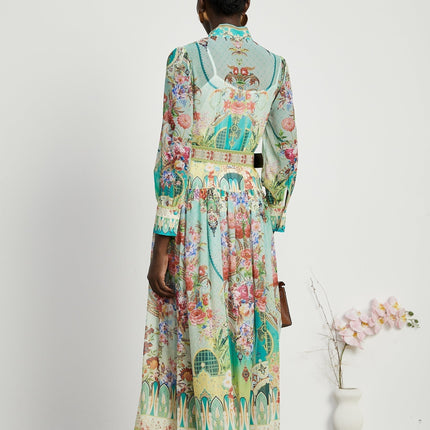 Silvia Floral Midi Dress Green Emulation Silk Women's Fashion