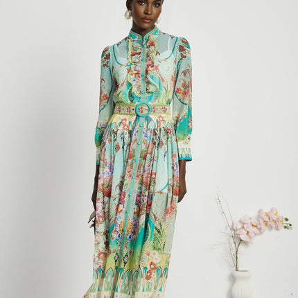 Silvia Floral Midi Dress Green Emulation Silk Long Sleeve A-Line Pleat Detailing Belt Flounce Hem