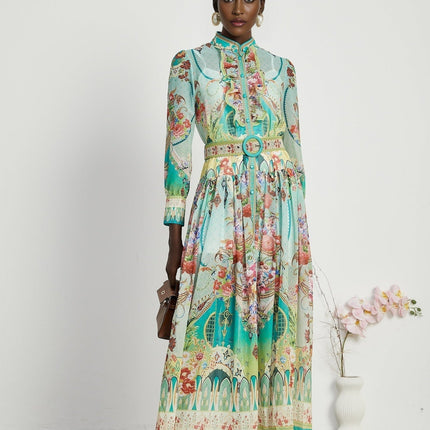 Silvia Green Floral Midi Dress Emulation Silk Long Sleeve A-line Pleat Detailing Belt