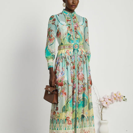 Silvia Green Floral Midi Dress 100% Emulation Silk Long Sleeve A-line Belted Elegant Sophisticated Pleated Flounce Hem
