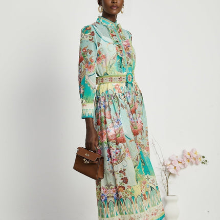 Silvia Green Floral Midi Dress Emulation Silk Long Sleeve A-Line Pleat Detailing