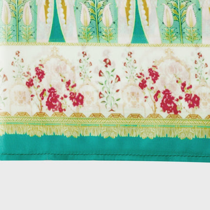 Silvia Green Floral Midi Dress 100% Emulation Silk Long Sleeve A-line Pleat Detailing Cinched Waist Belt Flounce Hem