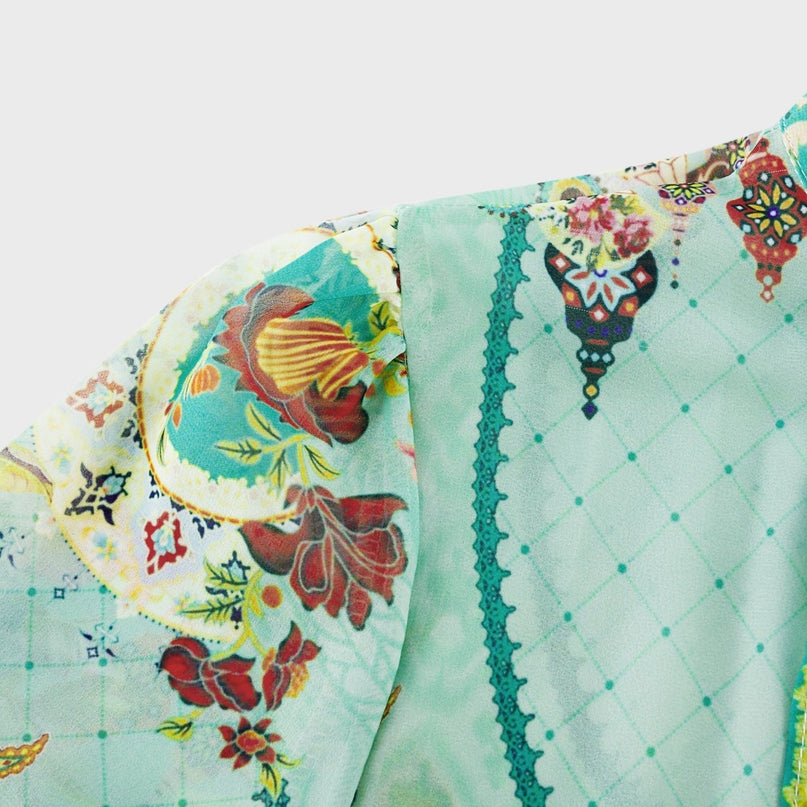 Silvia Green Floral Midi Dress 100% Emulation Silk Long Sleeve A-Line Pleat Detailing Belt Flounce Hem