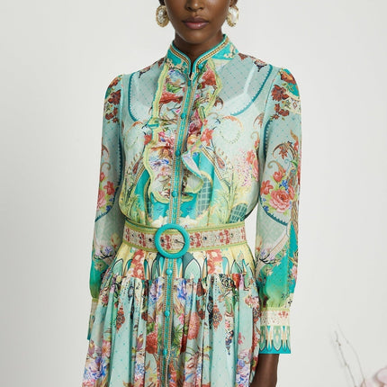 Silvia Green Floral Midi Dress 100% Emulation Silk Long Sleeve Belted A-Line Pleat Detailing