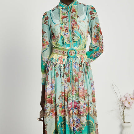 Silvia Green Floral Midi Dress with Long Sleeves and Belt