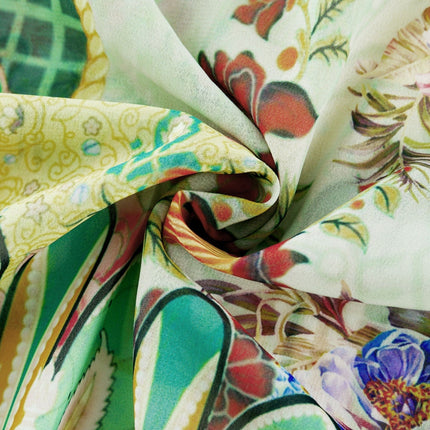 Silvia Green Floral Midi Dress 100% Emulation Silk Long Sleeve Belted A-Line Pleat Detailing