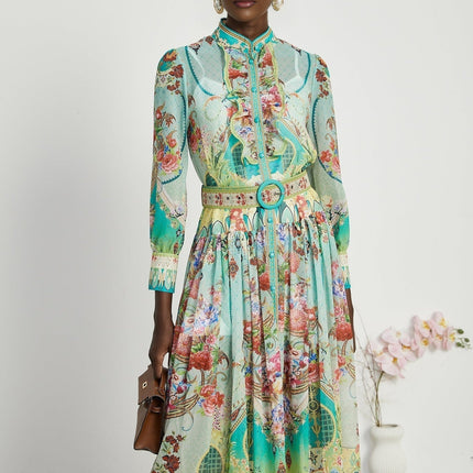 Silvia Green Floral Midi Dress 100% Emulation Silk Long Sleeve A-line Cinched Waist Pleat Detailing Flounce Hem Belt Included