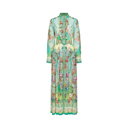Silvia Green Floral Midi Dress with Long Sleeves and Cinched Waist