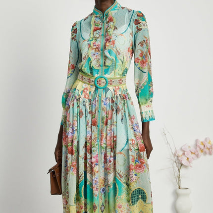 Silvia Green Floral Midi Dress 100% Emulation Silk Long Sleeve A-line Belted Elegant Sophisticated Pleat Detailing Flounce Hem