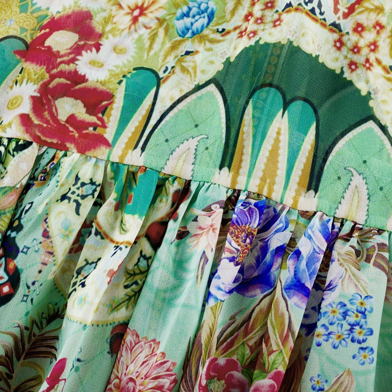 Silvia Green Floral Midi Dress Long Sleeve Buttoned Cuffs Cinched Waist A-Line Pleat Detailing Flounce Hem Belt 100% Emulation Silk