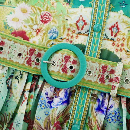 Silvia Green Floral Midi Dress 100% Emulation Silk Long Sleeve A-line Belted Elegant Sophisticated