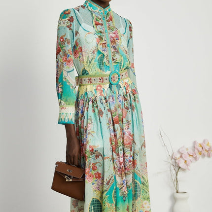 Silvia Green Floral Midi Dress with Long Sleeves and Cinched Waist