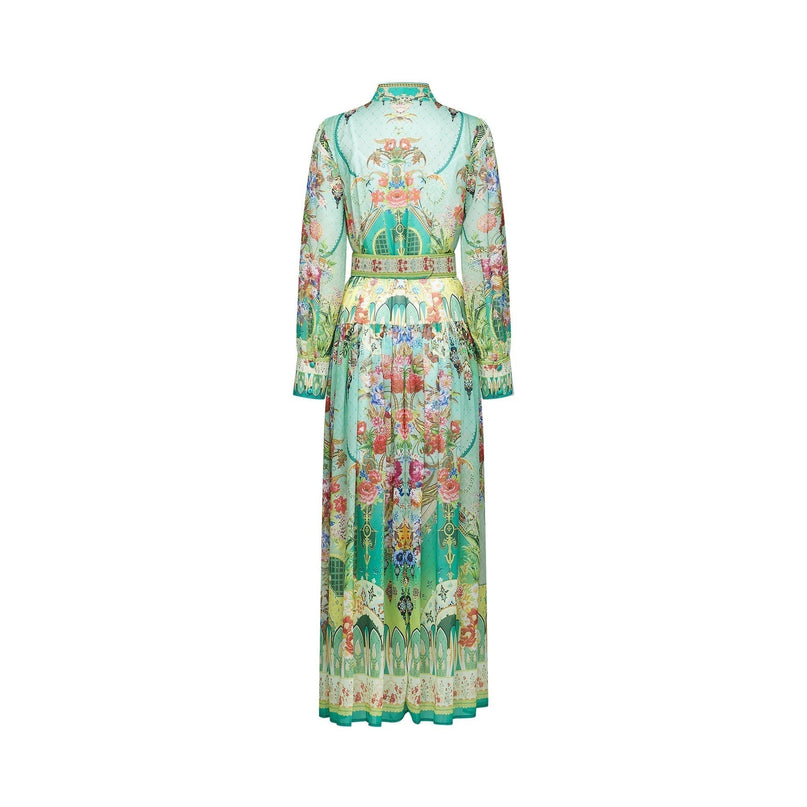 Silvia Green Floral Midi Dress with Long Sleeves and Belt