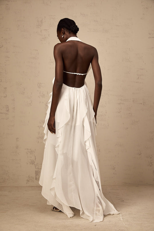 Silvia White Chiffon Ruffle Halter Neck Backless Long Lace Dress with Diamond Accents