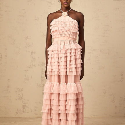 Silvia Pink Ruffled Tulle Maxi Dress