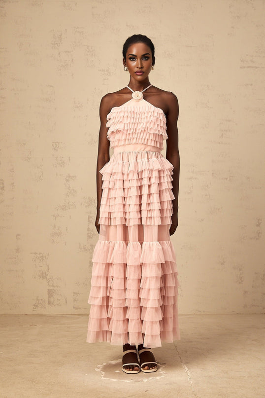 Silvia Pink Ruffled Tulle Maxi Dress