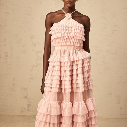 Silvia Pink Ruffled Tulle Maxi Dress