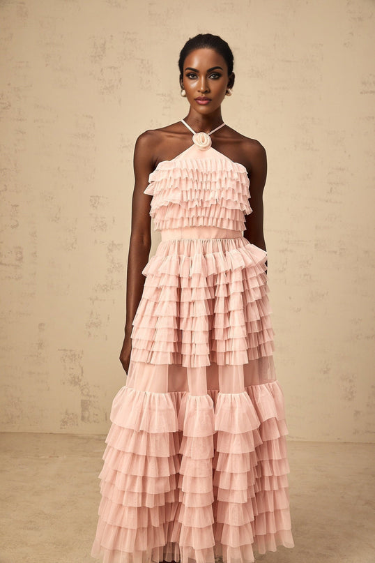 Silvia Pink Ruffled Tulle Maxi Dress