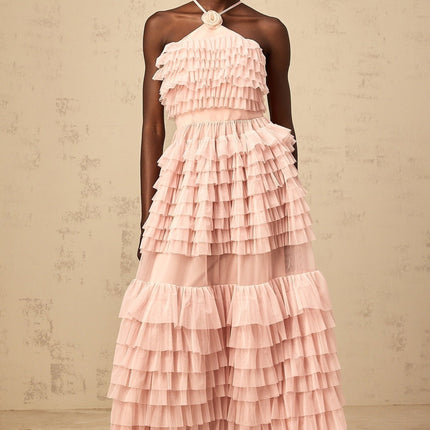 Silvia Pink Ruffled Tulle Tiered Maxi Dress