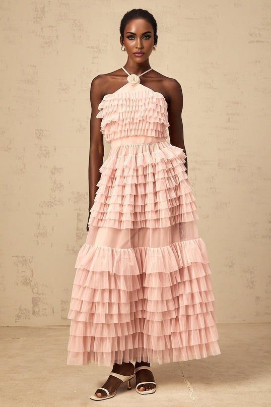 Silvia Pink Ruffled Tulle Tiered Maxi Dress