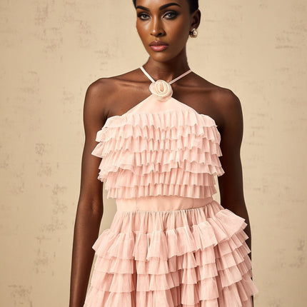 Silvia Pink Ruffled Tulle Tiered Maxi Dress