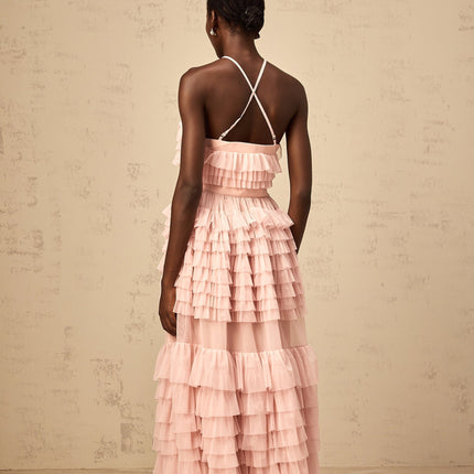 Silvia Pink Ruffled Tulle Tiered Maxi Dress