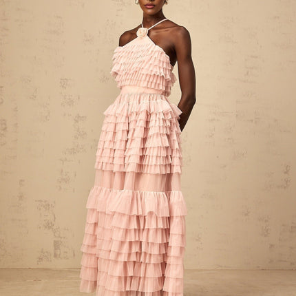 Silvia Pink Ruffled Tulle Tiered Maxi Dress