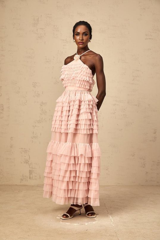 Silvia Pink Ruffled Tulle Tiered Maxi Dress