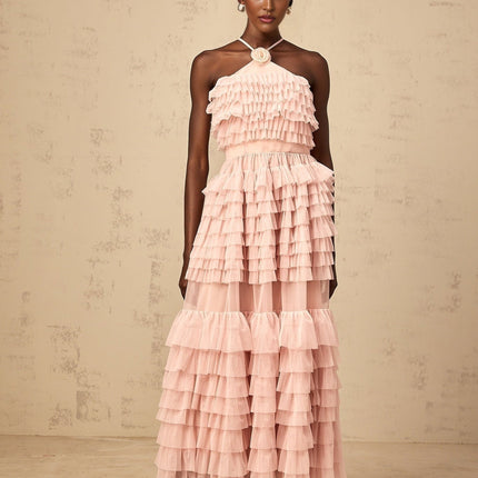 Silvia Pink Ruffled Tulle Tiered Maxi Dress