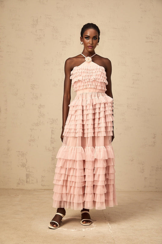 Silvia Pink Ruffled Tulle Tiered Maxi Dress