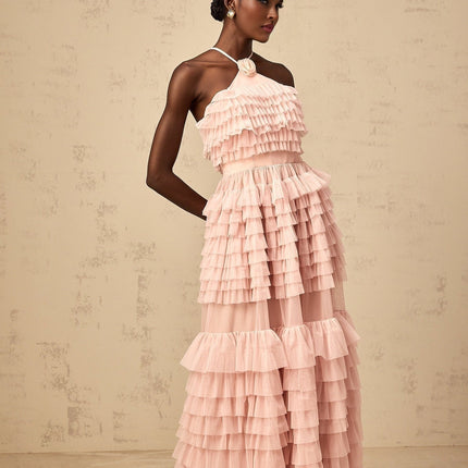 Silvia Pink Ruffled Tulle Tiered Maxi Dress