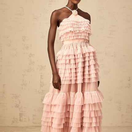 Silvia Pink Ruffled Tulle Tiered Maxi Dress