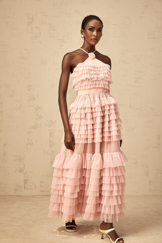 Silvia Pink Ruffled Tulle Tiered Maxi Dress