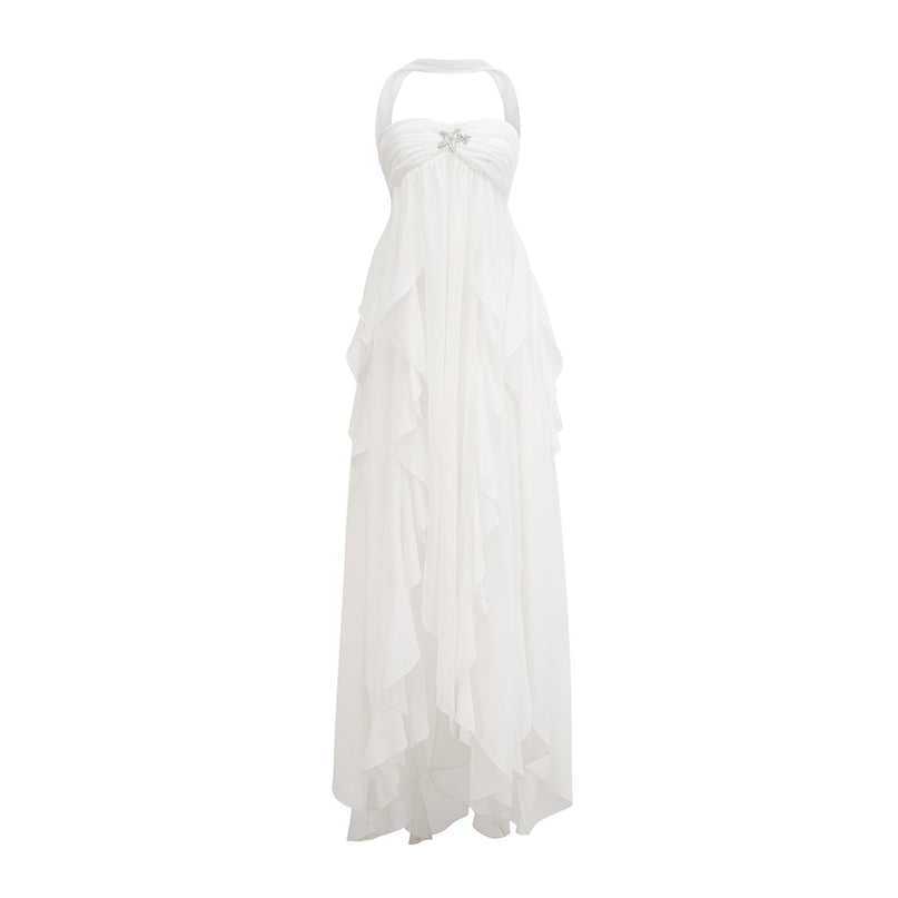 Silvia White Chiffon Ruffle Halter Backless Diamond Lace Maxi Dress