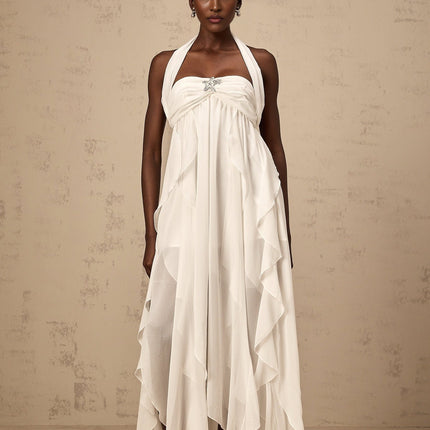 Silvia White Maxi Dress with Ruffle Details Halter Neck Backless Design and Diamond Accents