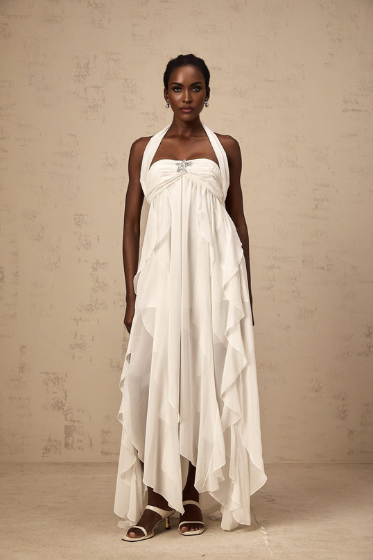 Silvia White Maxi Dress with Ruffle Details Halter Neck Backless Design and Diamond Accents