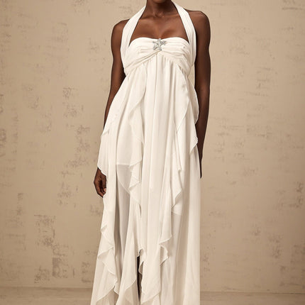 Silvia White Maxi Dress Chiffon Ruffle Halter Neck Backless Diamond Accents Lace Embellished Polyester Fiber Elegant Sophistication Allure Opulence Soiree Glamour