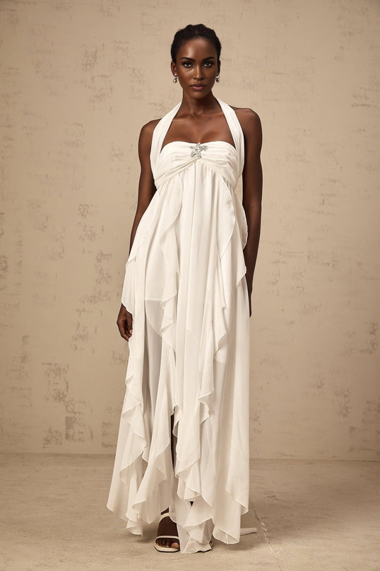 Silvia White Maxi Dress Chiffon Ruffle Halter Neck Backless Diamond Accents Lace Embellished Polyester Fiber Elegant Sophistication Allure Opulence Soiree Glamour