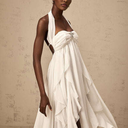 Silvia White Maxi Dress with Ruffle Details Halter Neck Backless Design Diamond Accents Lace Tailored Polyester Fiber