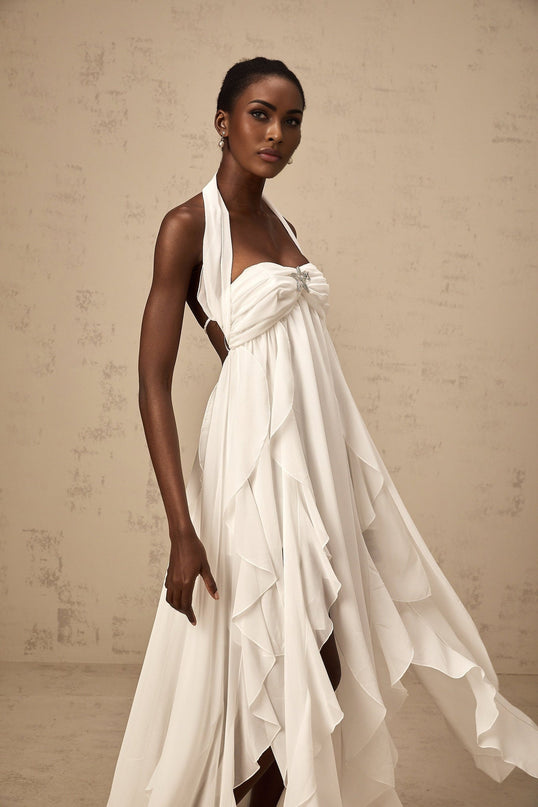 Silvia White Maxi Dress with Ruffle Details Halter Neck Backless Design Diamond Accents Lace Tailored Polyester Fiber