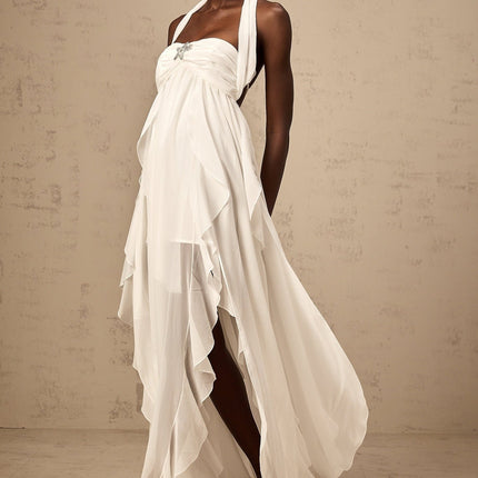 Silvia White Maxi Dress Chiffon Ruffle Halter Neck Backless Lace Embellished Diamond Accents Polyester Fiber