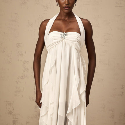 Silvia White Maxi Dress Chiffon Ruffle Halter Neck Backless Diamond Accents Lace Elegant Opulent Polyester Fiber