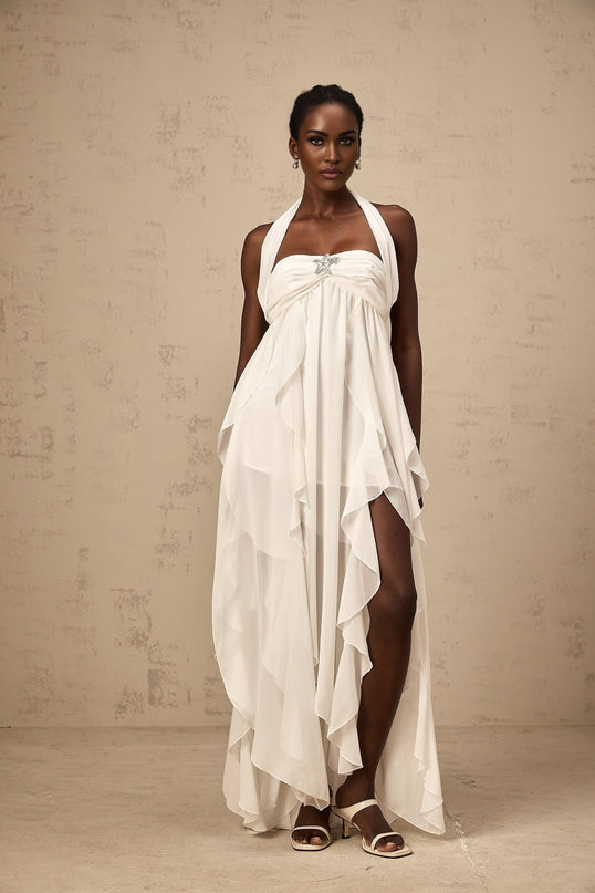 Silvia White Maxi Dress Chiffon Ruffle Halter Backless Lace Diamond Accents Polyester Elegant Sophisticated Allure Opulent Beauty