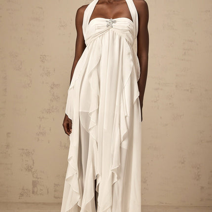 Silvia White Maxi Dress with Ruffle Details and Halter Neck