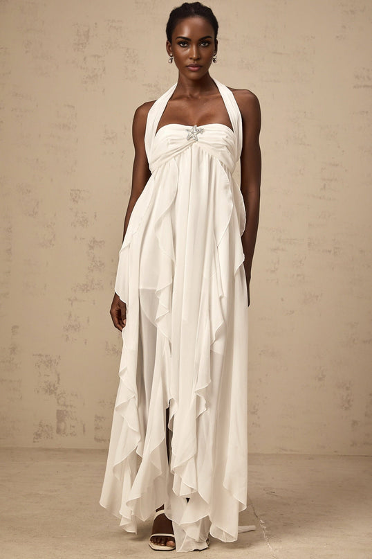 Silvia White Maxi Dress with Ruffle Details and Halter Neck