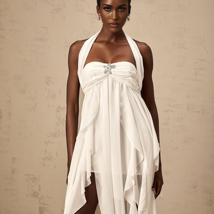 Silvia White Maxi Dress Chiffon Ruffle Halter Backless Lace Diamond Embellished Elegant Opulent Polyester Soiree Glamour