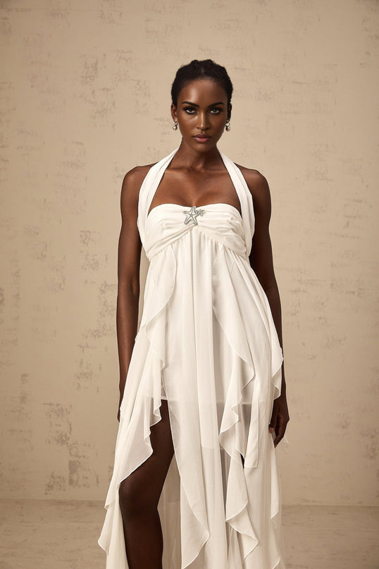 Silvia White Maxi Dress Chiffon Ruffle Halter Backless Lace Diamond Embellished Elegant Opulent Polyester Soiree Glamour