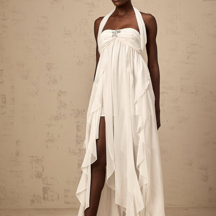 Silvia White Maxi Dress with Ruffle Details and Halter Neck