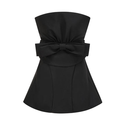 Simona Black Mini Dress with Bowknot Detail Pleated Design Rear Zip Fastening 88% Polyester 12% Spandex