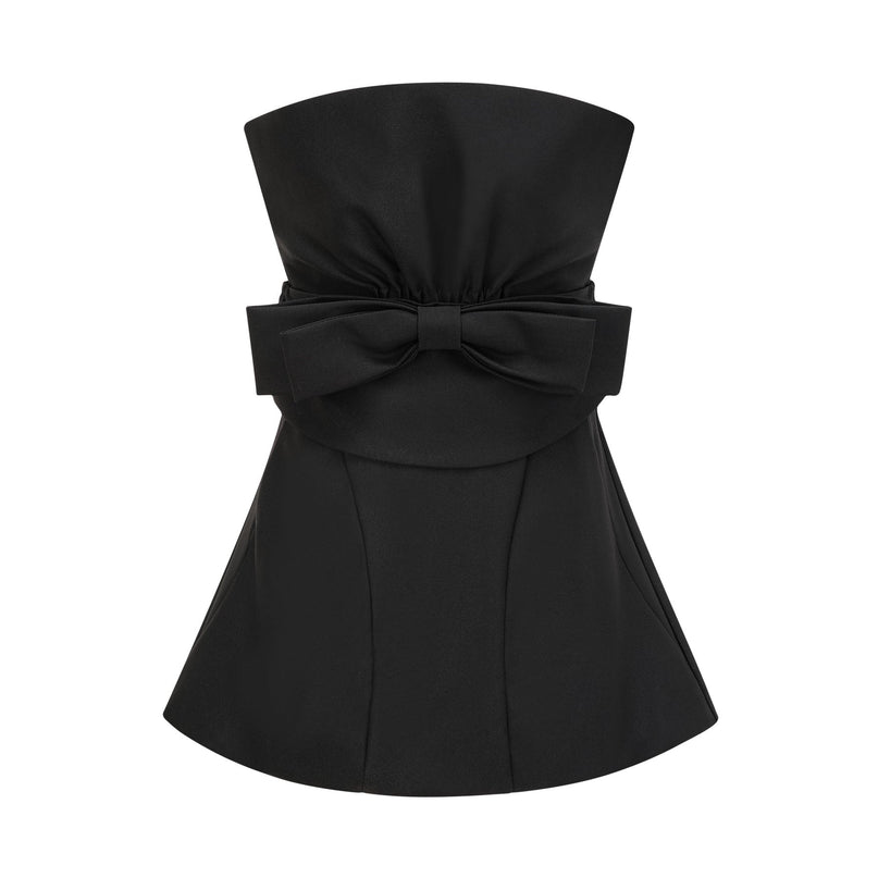 Simona Black Mini Dress with Bowknot Detail Pleated Design Rear Zip Fastening 88% Polyester 12% Spandex